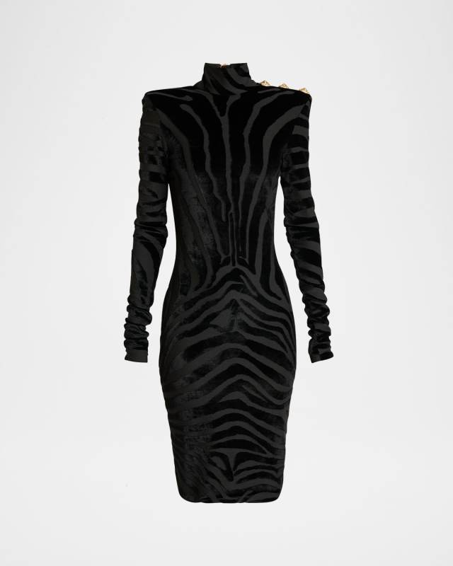 Zebra Velvet Strong-Shoulder Long-Sleeve Dress